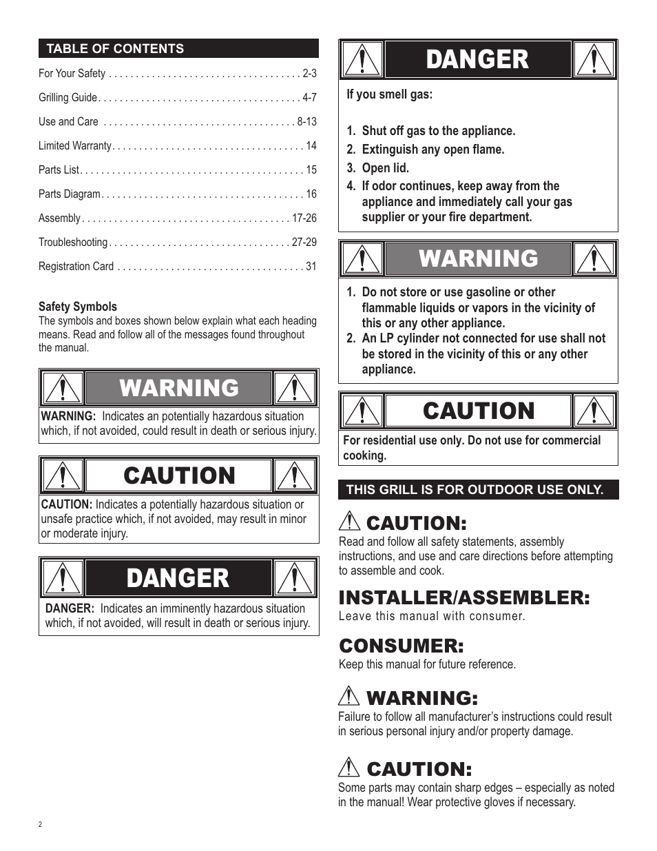 Danger, Warning caution, Warning | Caution, Installer/assembler, Consumer | Char-Broil 463420509 User Manual | Page 2 / 32