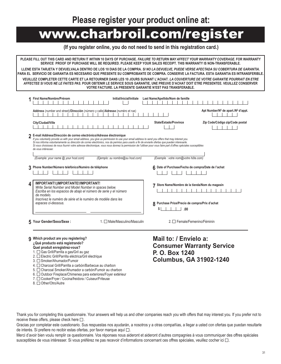 Please register your product online at | Char-Broil 463420509 User Manual | Page 31 / 32
