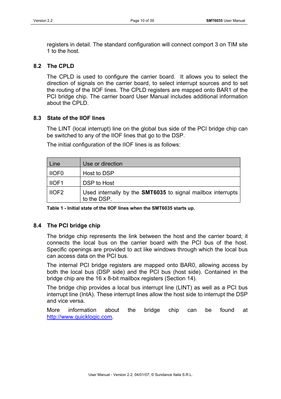 The cpld, State of the iiof lines, The pci bridge chip | Sundance SMT6035 v.2.2 User Manual | Page 10 / 39