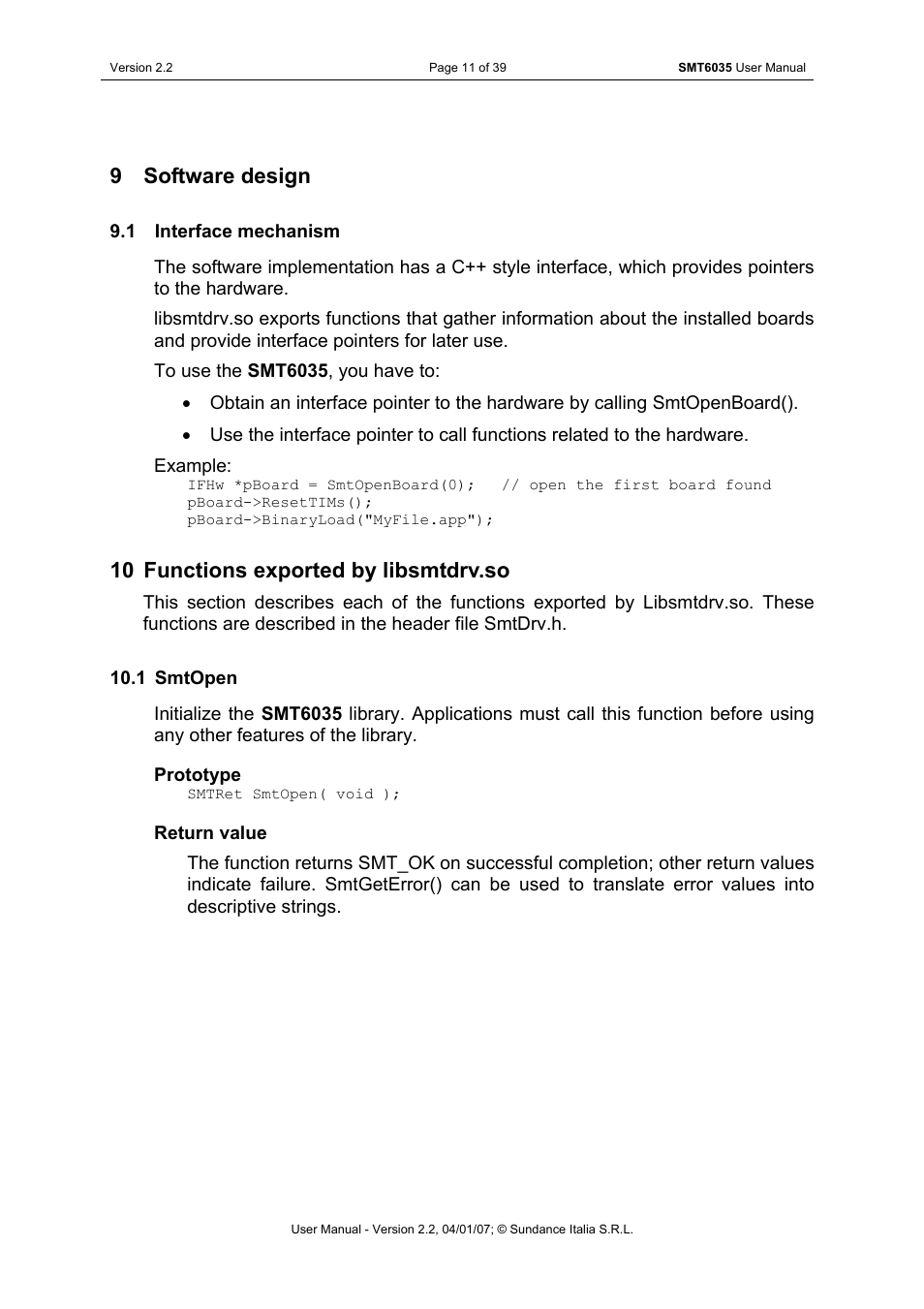 Software design, Interface mechanism, Functions exported by libsmtdrv.so | Smtopen, 9 software design, 10 functions exported by libsmtdrv.so | Sundance SMT6035 v.2.2 User Manual | Page 11 / 39