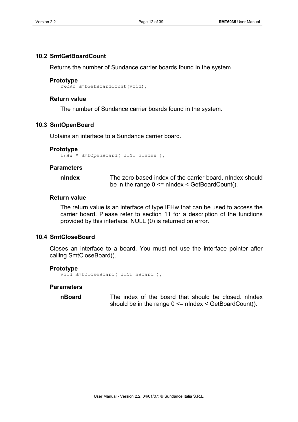 Smtgetboardcount, Smtopenboard, Smtcloseboard | Sundance SMT6035 v.2.2 User Manual | Page 12 / 39