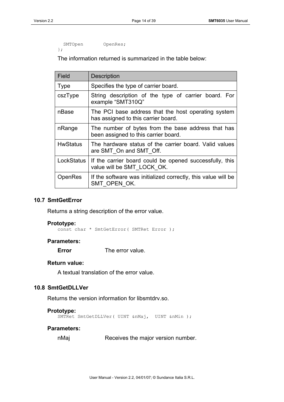 Smtgeterror, Smtgetdllver | Sundance SMT6035 v.2.2 User Manual | Page 14 / 39