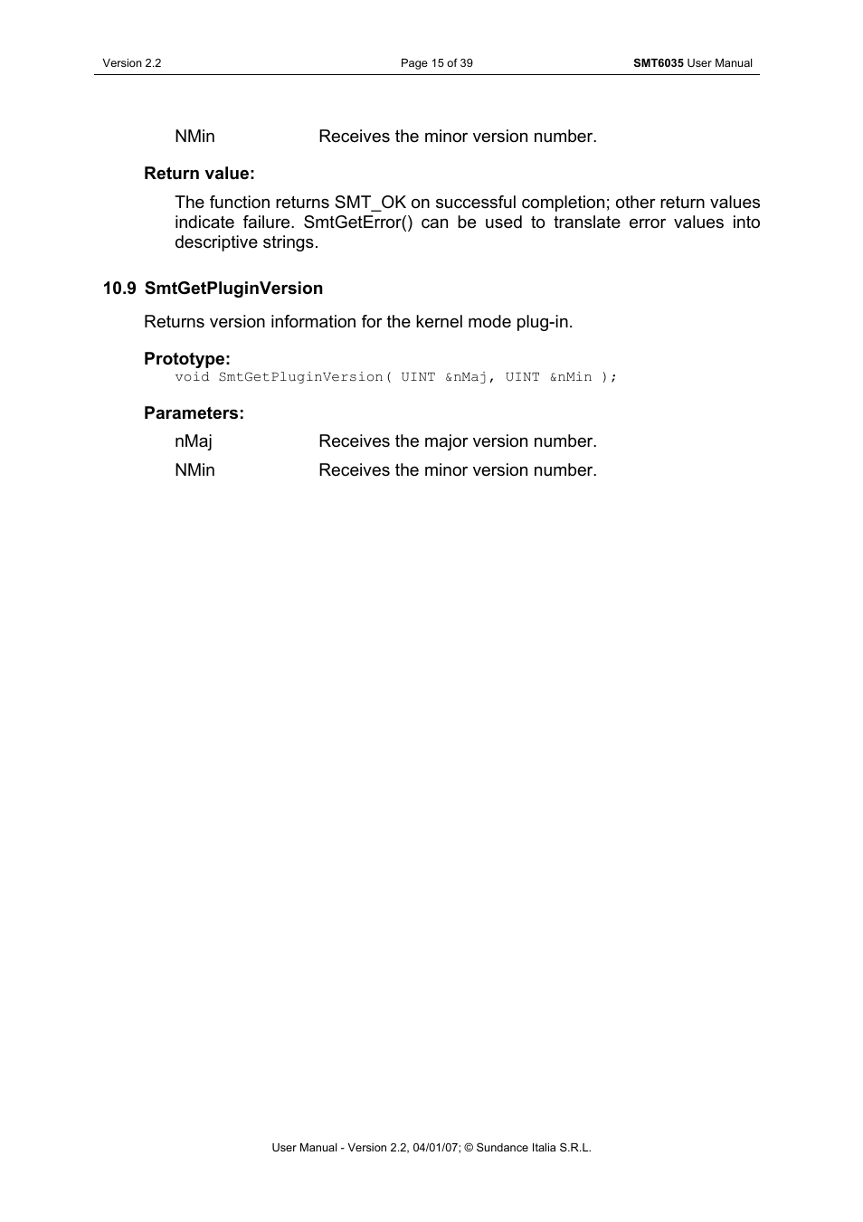 Smtgetpluginversion | Sundance SMT6035 v.2.2 User Manual | Page 15 / 39