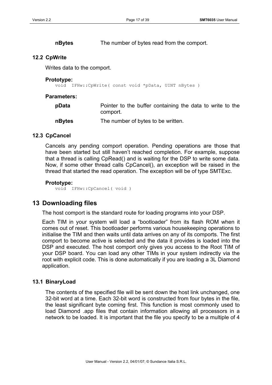 Cpwrite, Cpcancel, Downloading files | Binaryload, 13 downloading files | Sundance SMT6035 v.2.2 User Manual | Page 17 / 39