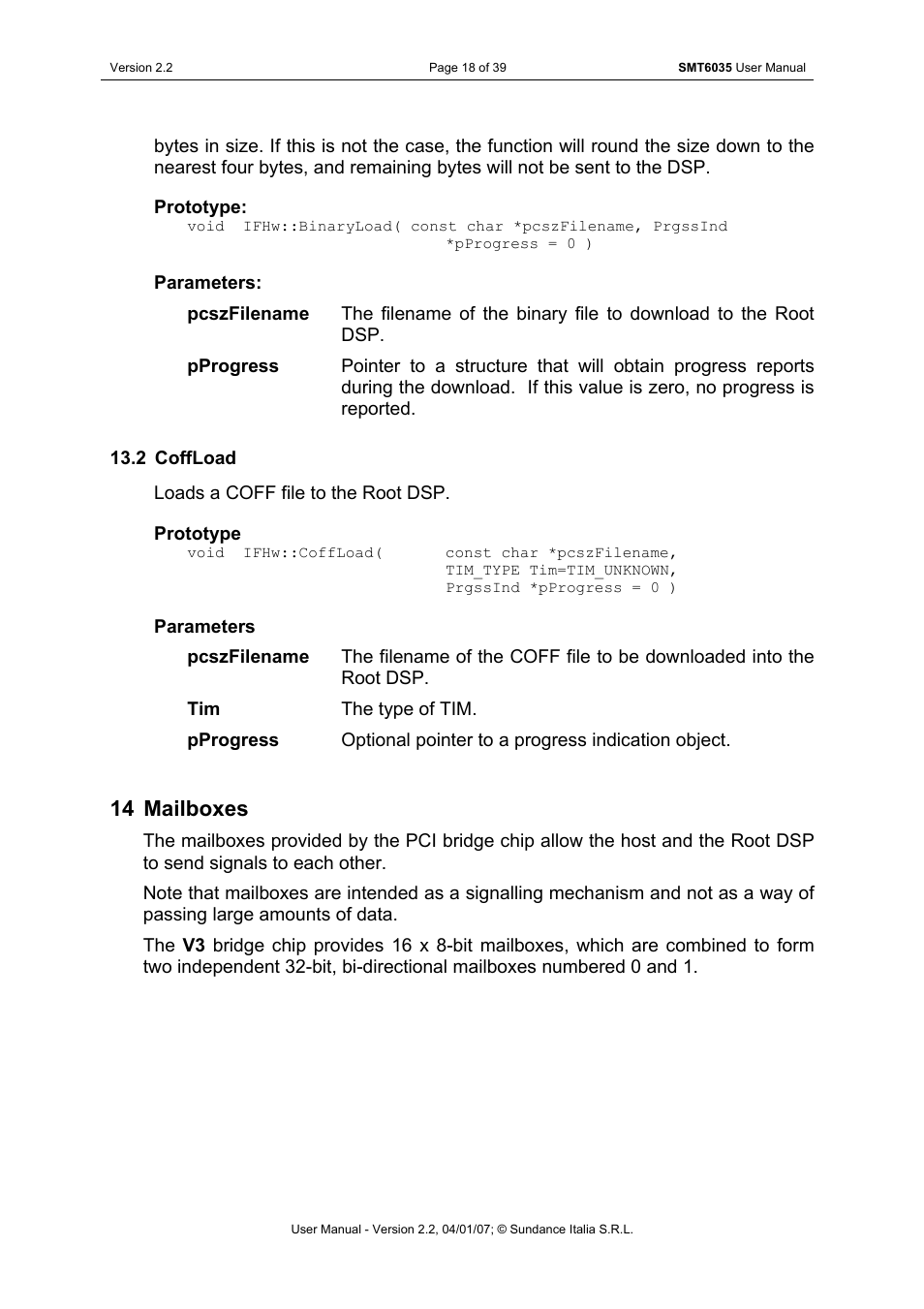 Coffload, Mailboxes, 14 mailboxes | Sundance SMT6035 v.2.2 User Manual | Page 18 / 39