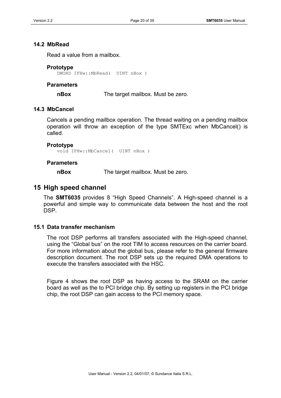 Mbread, Mbcancel, High speed channel | Data transfer mechanism, 15 high speed channel | Sundance SMT6035 v.2.2 User Manual | Page 20 / 39