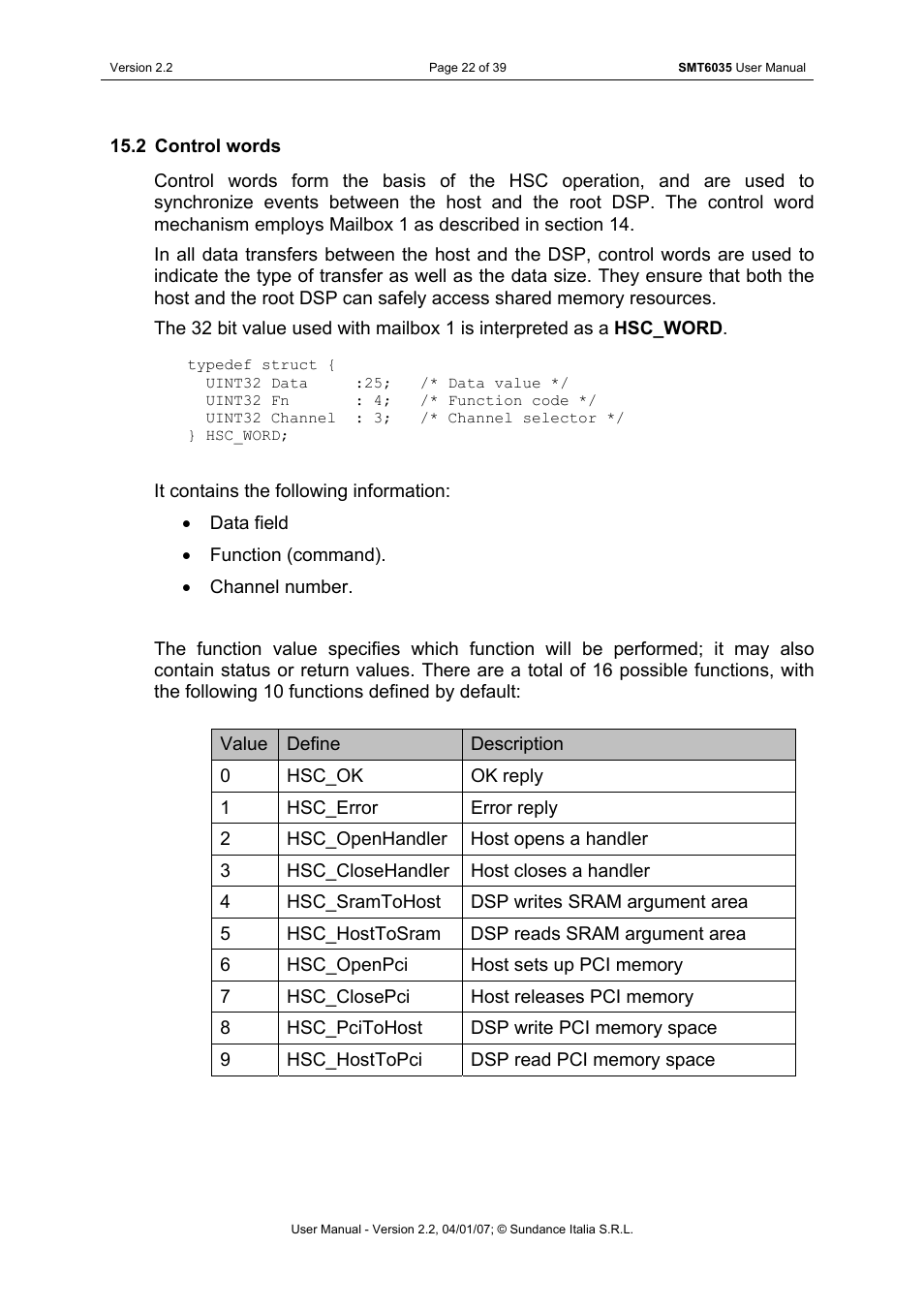 Control words | Sundance SMT6035 v.2.2 User Manual | Page 22 / 39