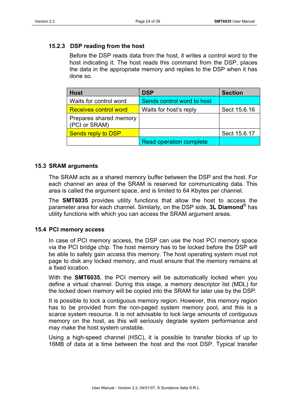Dsp reading from the host, Sram arguments, Pci memory access | Sundance SMT6035 v.2.2 User Manual | Page 24 / 39
