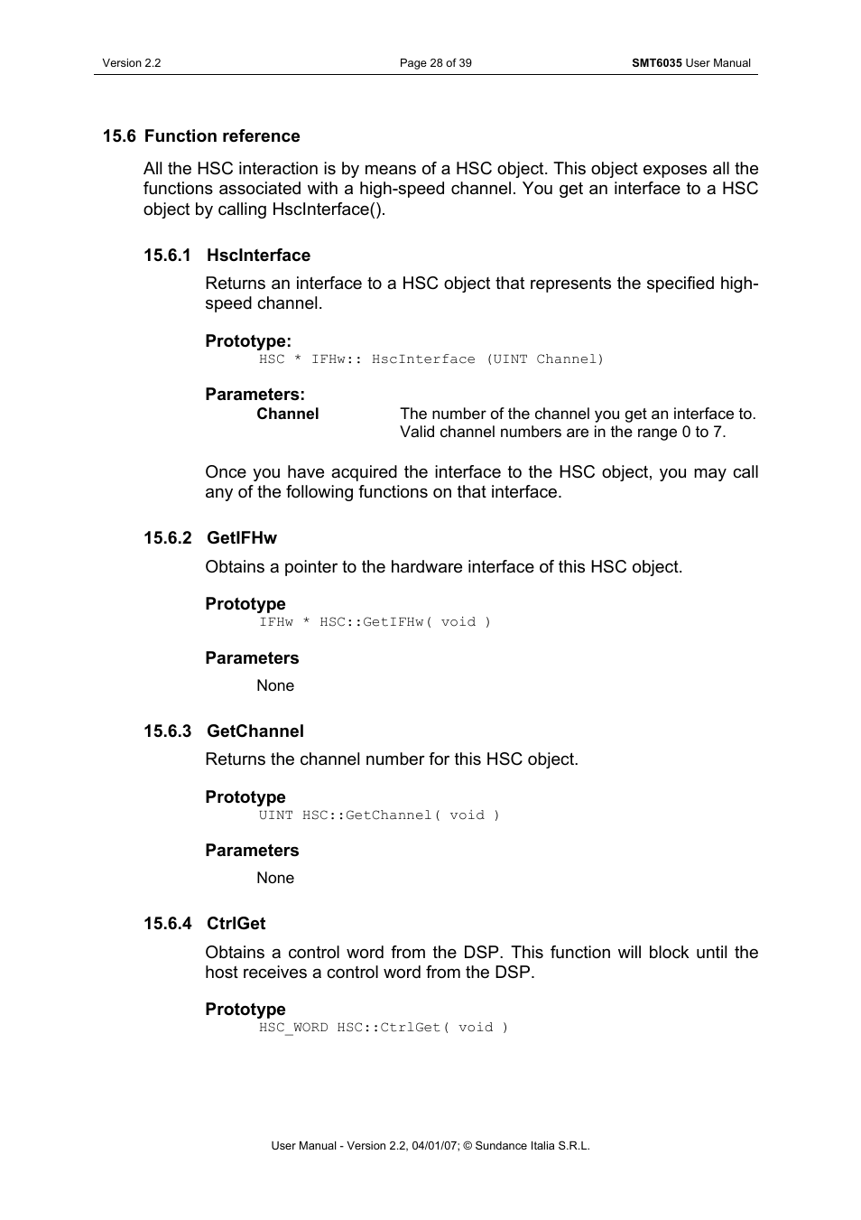Function reference, Hscinterface, Getifhw | Getchannel, Ctrlget | Sundance SMT6035 v.2.2 User Manual | Page 28 / 39