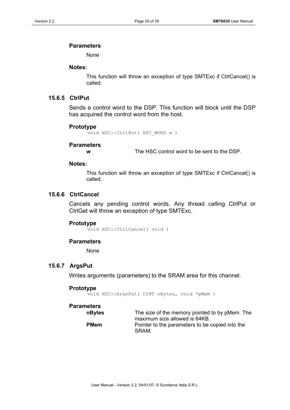 Ctrlput, Ctrlcancel, Argsput | Sundance SMT6035 v.2.2 User Manual | Page 29 / 39
