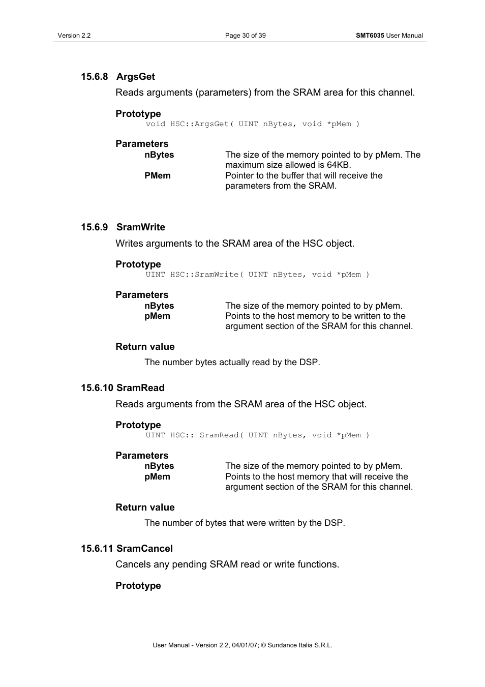 Argsget, Sramwrite, Sramread | Sramcancel | Sundance SMT6035 v.2.2 User Manual | Page 30 / 39