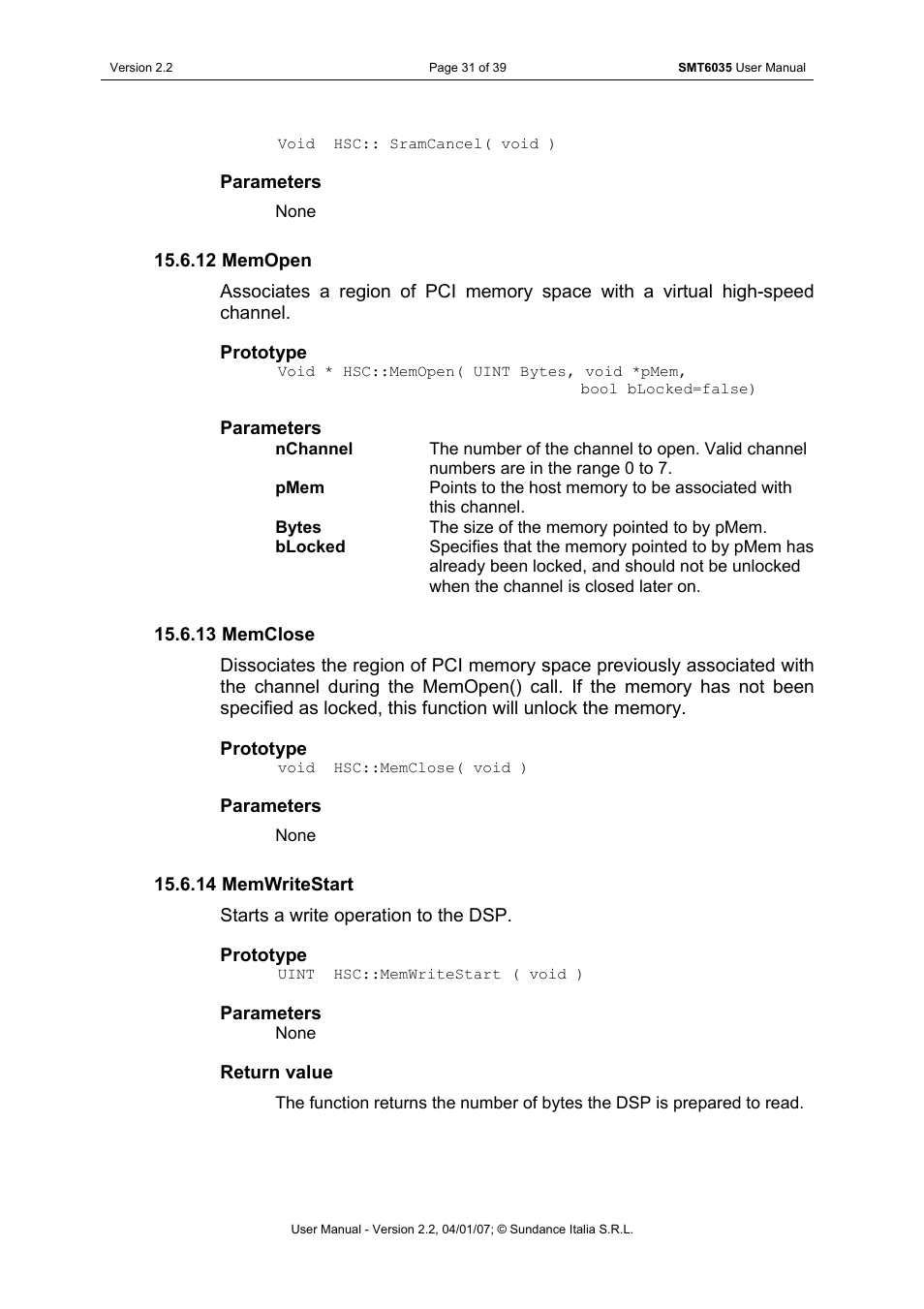 Memopen, Memclose, Memwritestart | Sect 15.6.14 | Sundance SMT6035 v.2.2 User Manual | Page 31 / 39