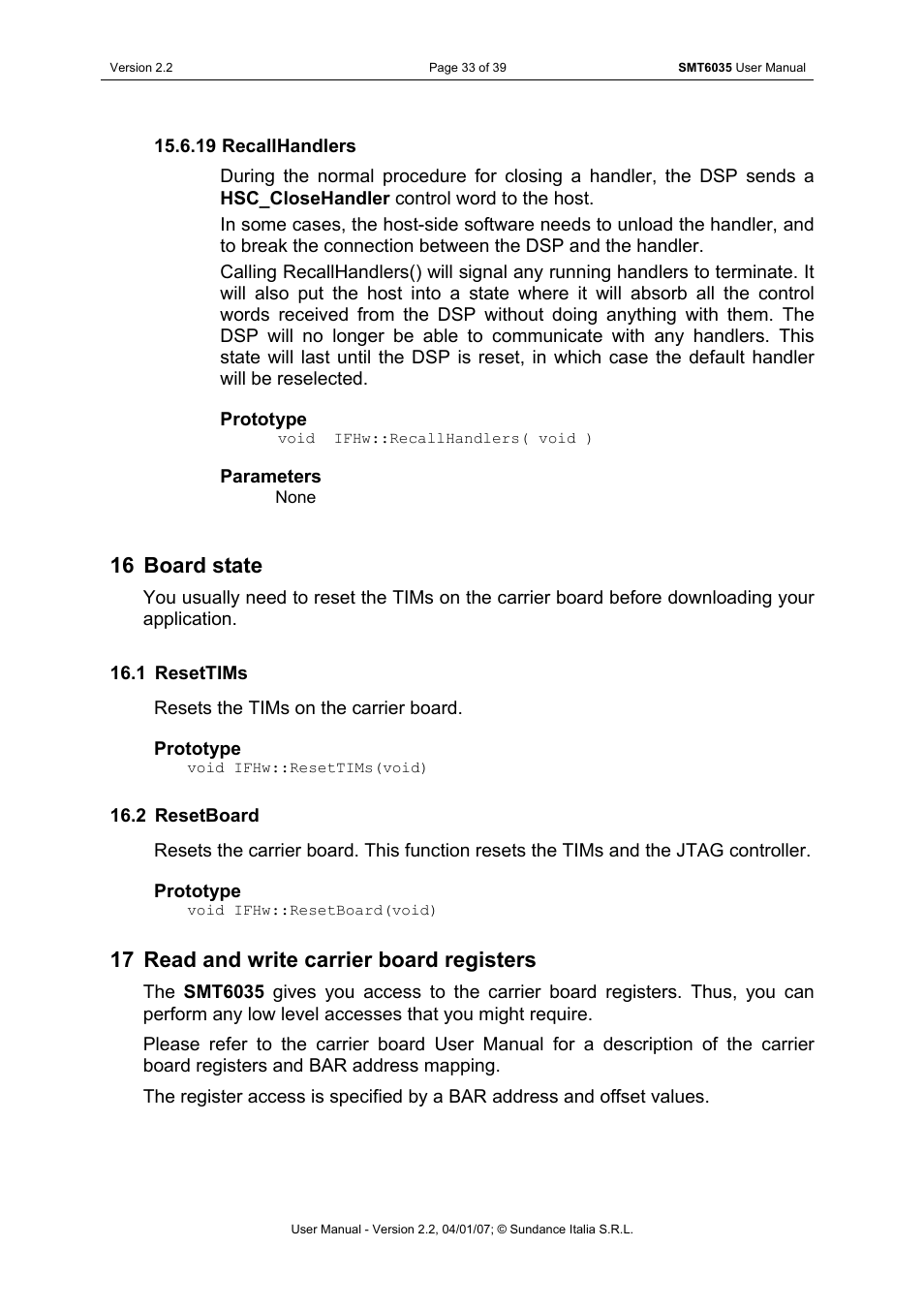 Recallhandlers, Board state, Resettims | Resetboard, Read and write carrier board registers, 16 board state, 17 read and write carrier board registers | Sundance SMT6035 v.2.2 User Manual | Page 33 / 39