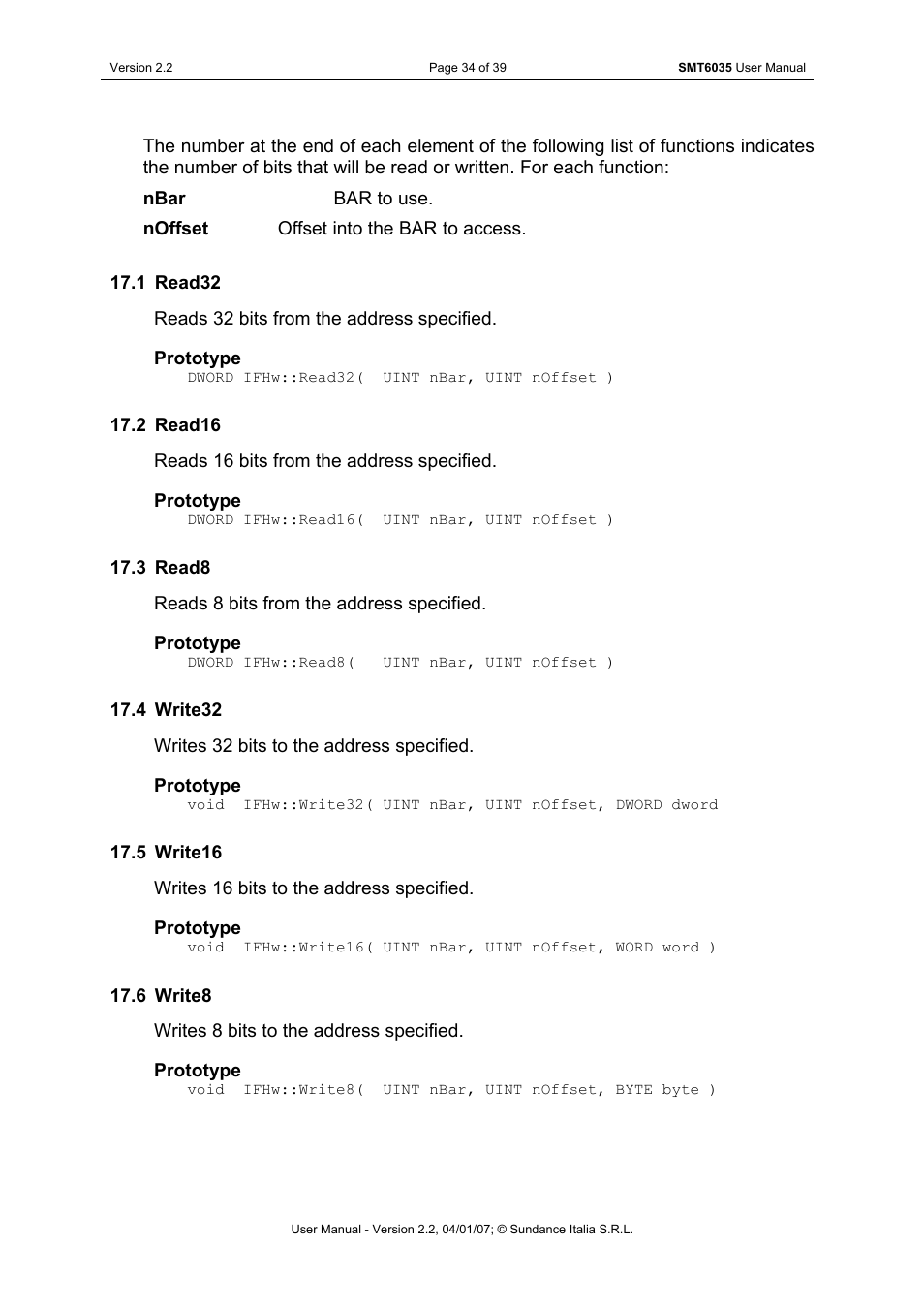 Read32, Read16, Read8 | Write32, Write16, Write8 | Sundance SMT6035 v.2.2 User Manual | Page 34 / 39