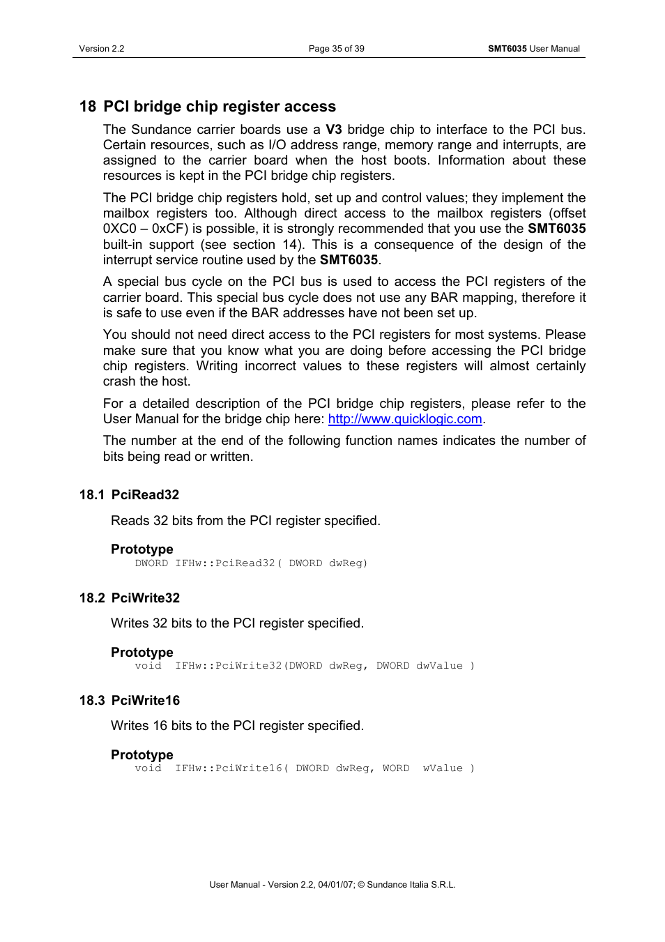 Pci bridge chip register access, Pciread32, Pciwrite32 | Pciwrite16, 18 pci bridge chip register access | Sundance SMT6035 v.2.2 User Manual | Page 35 / 39