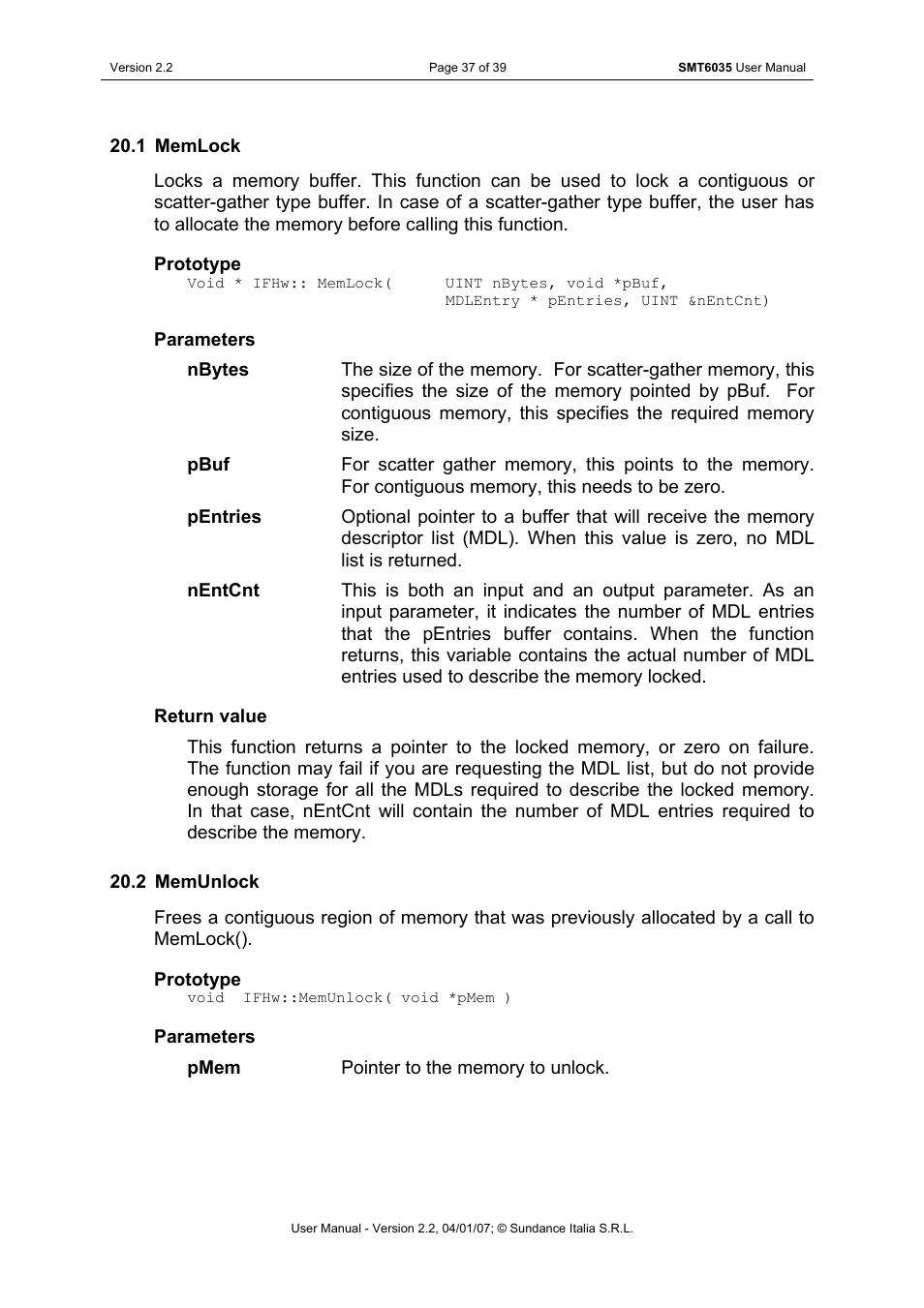 Memlock, Memunlock | Sundance SMT6035 v.2.2 User Manual | Page 37 / 39