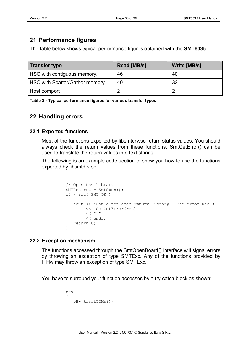 Performance figures, Handling errors, Exported functions | Exception mechanism, 21 performance figures, 22 handling errors | Sundance SMT6035 v.2.2 User Manual | Page 38 / 39