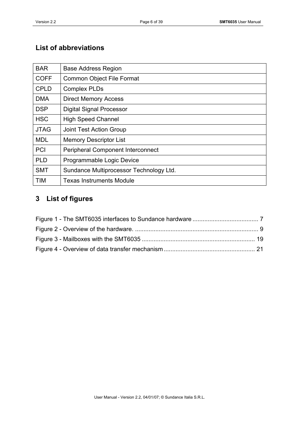 List of figures, List of abbreviations, 3 list of figures | Sundance SMT6035 v.2.2 User Manual | Page 6 / 39