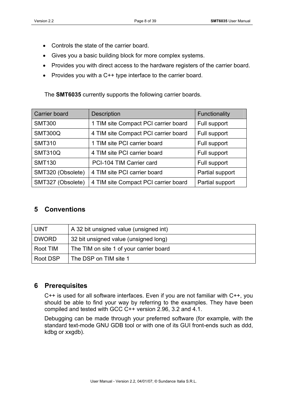 Conventions, Prerequisites, 5 conventions | 6 prerequisites | Sundance SMT6035 v.2.2 User Manual | Page 8 / 39
