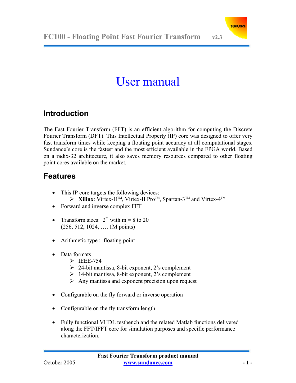 Sundance FC100 v.2.3 User Manual | 19 pages