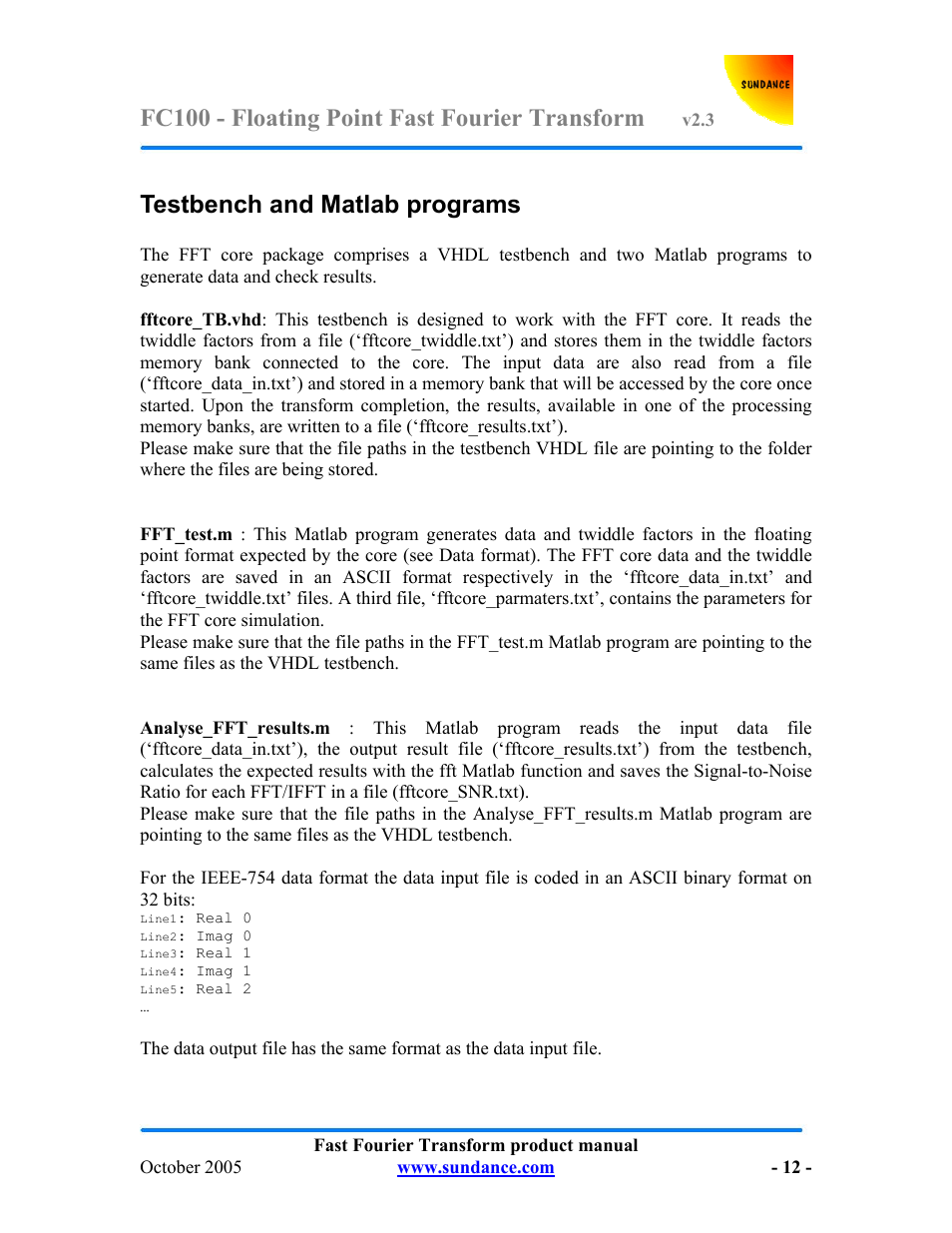 Fc100 - floating point fast fourier transform, Testbench and matlab programs | Sundance FC100 v.2.3 User Manual | Page 12 / 19