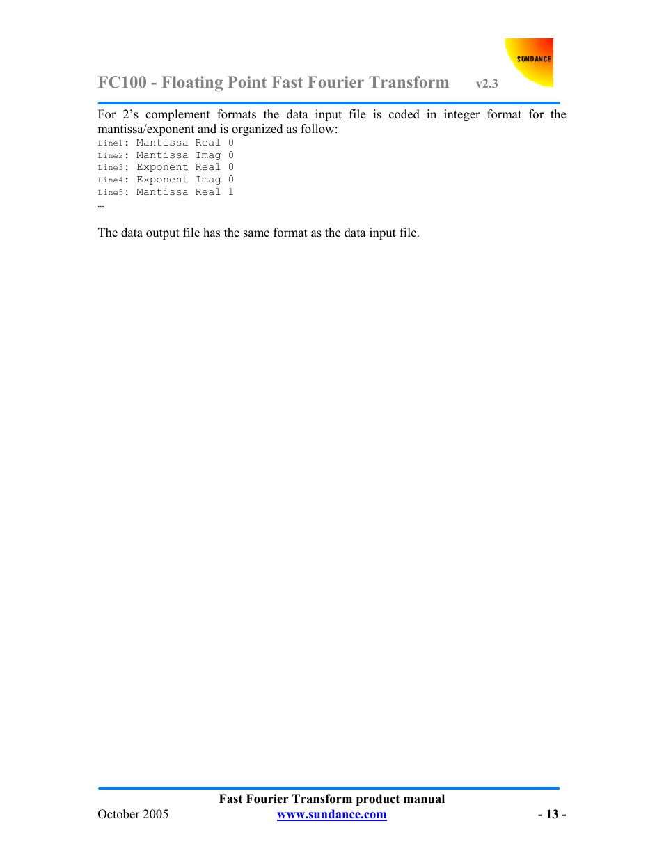 Fc100 - floating point fast fourier transform | Sundance FC100 v.2.3 User Manual | Page 13 / 19