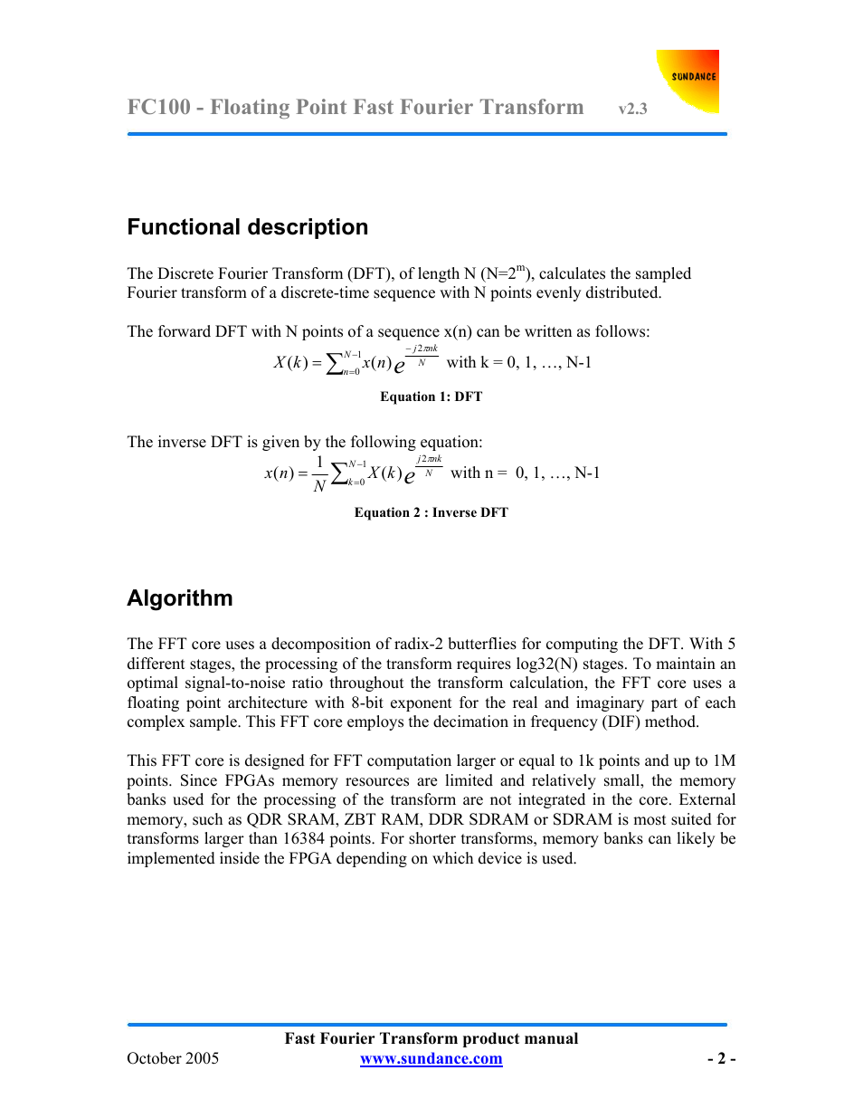 Fc100 - floating point fast fourier transform, Functional description, Algorithm | Sundance FC100 v.2.3 User Manual | Page 2 / 19