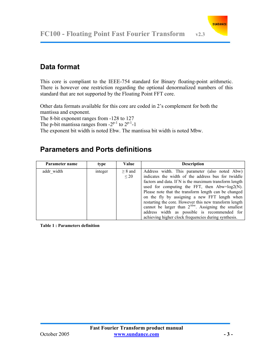 Fc100 - floating point fast fourier transform, Data format, Parameters and ports definitions | Sundance FC100 v.2.3 User Manual | Page 3 / 19