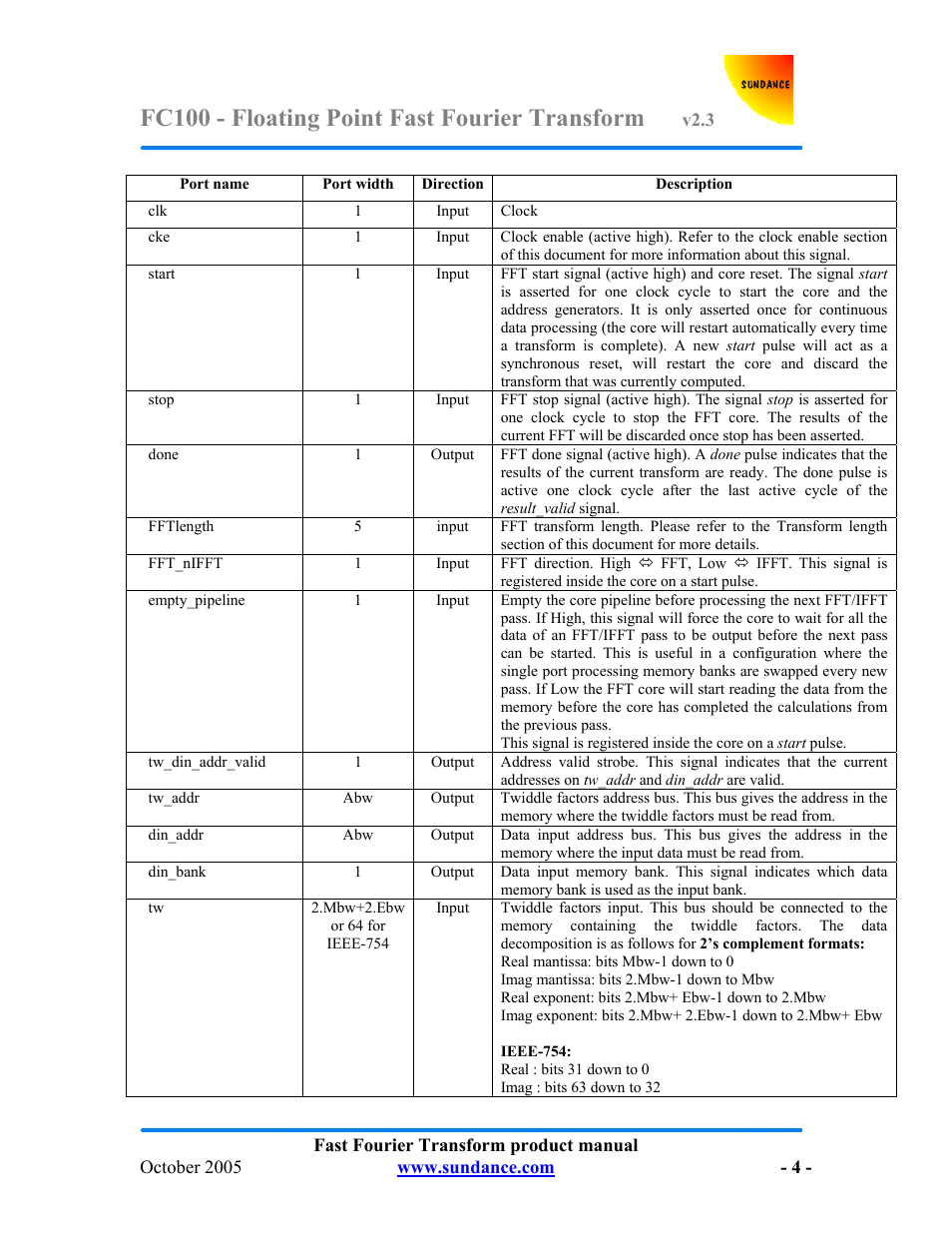 Fc100 - floating point fast fourier transform | Sundance FC100 v.2.3 User Manual | Page 4 / 19