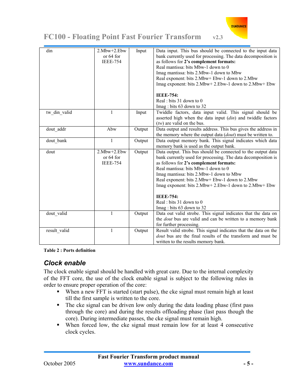 Fc100 - floating point fast fourier transform, Clock enable | Sundance FC100 v.2.3 User Manual | Page 5 / 19