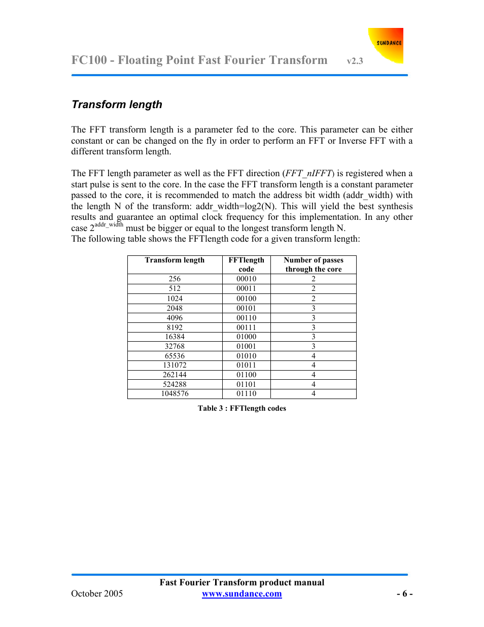 Fc100 - floating point fast fourier transform, Transform length | Sundance FC100 v.2.3 User Manual | Page 6 / 19