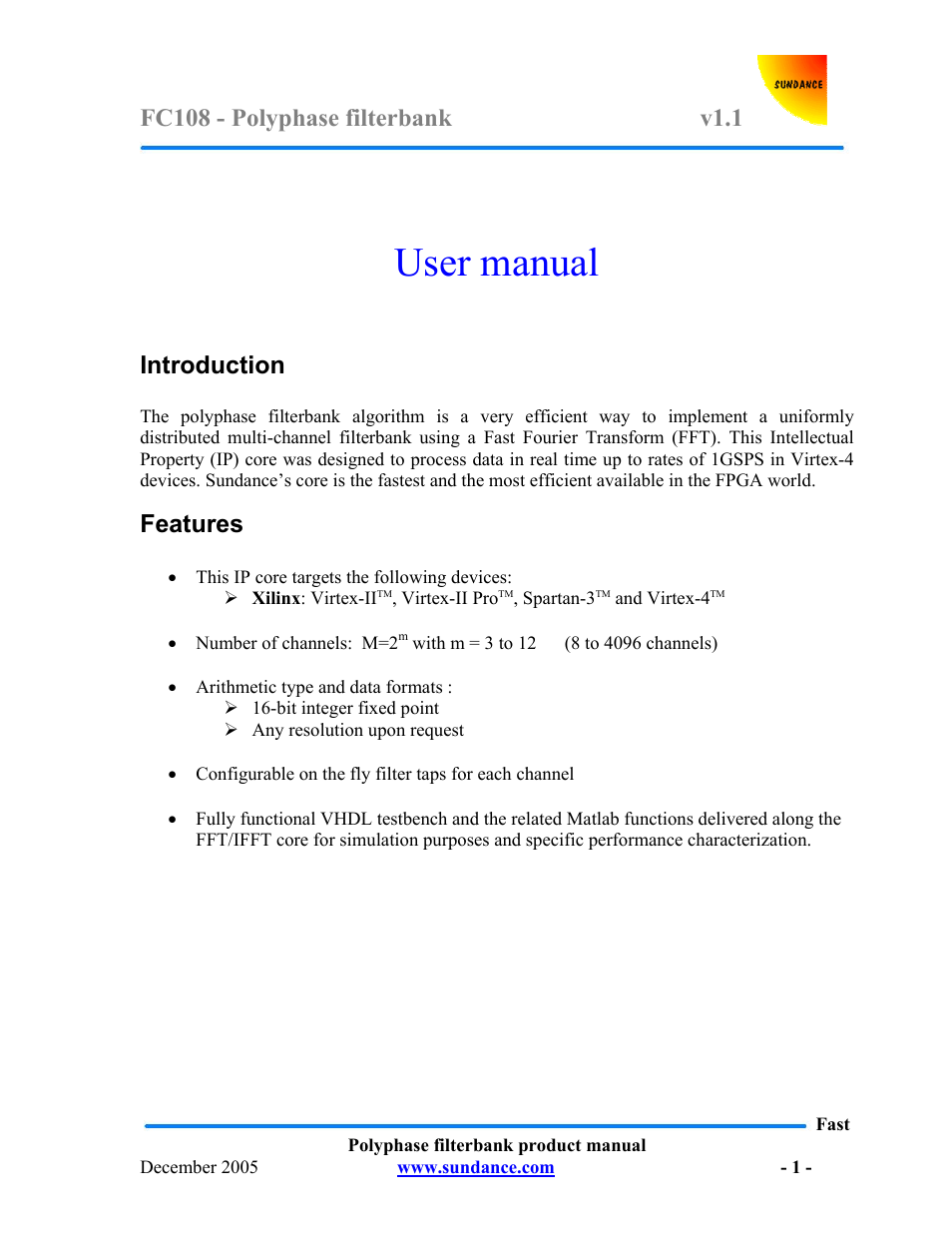 Sundance FC108 v.1.1 User Manual | 10 pages