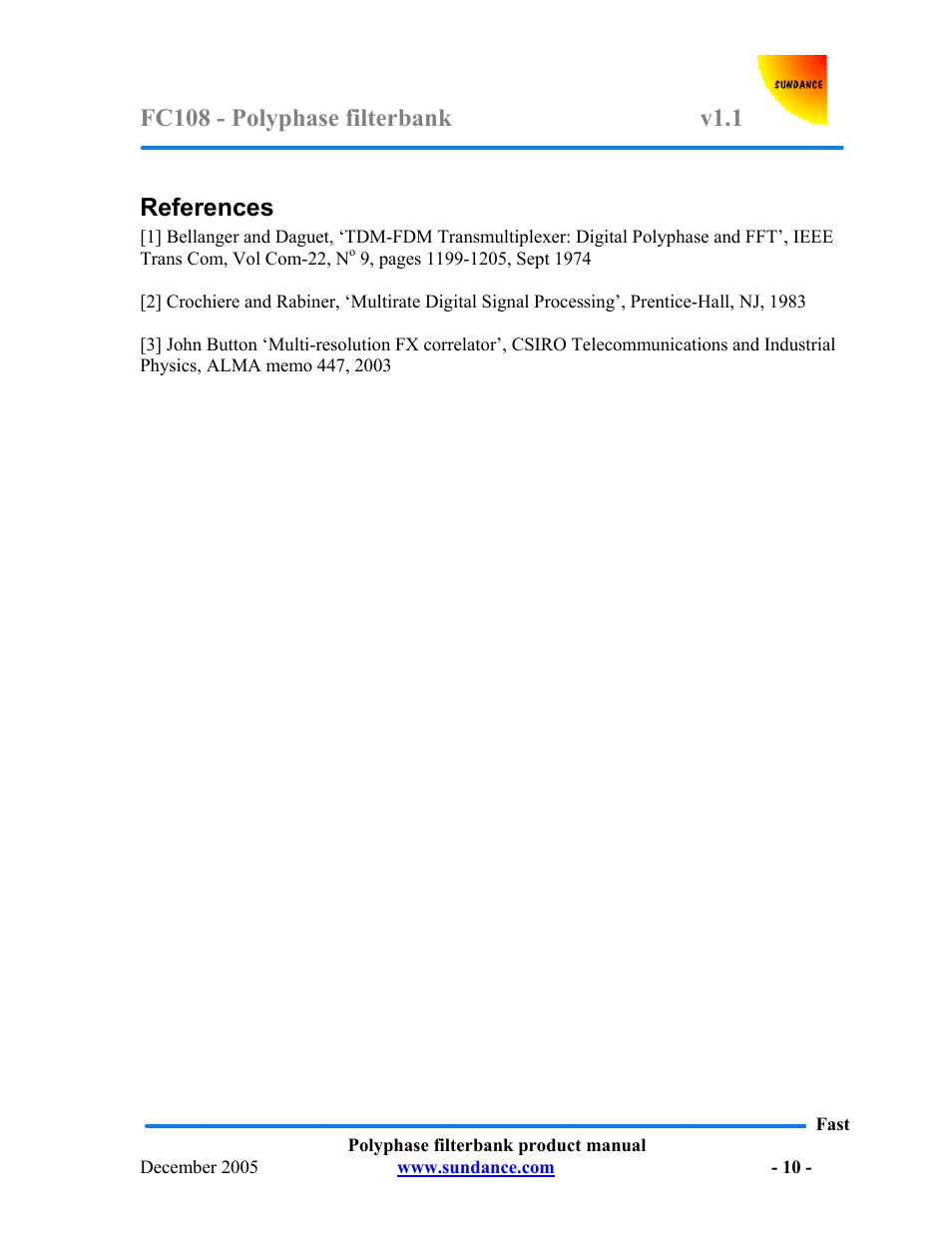 References | Sundance FC108 v.1.1 User Manual | Page 10 / 10