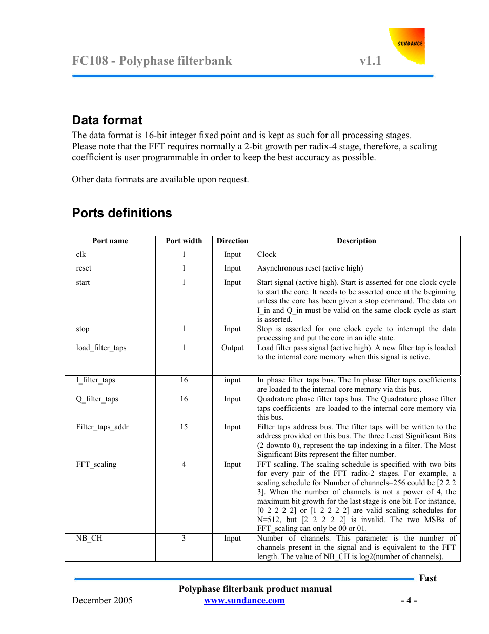 Data format, Ports definitions | Sundance FC108 v.1.1 User Manual | Page 4 / 10