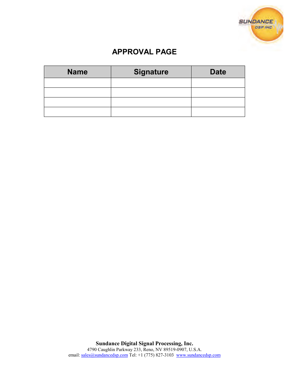 Approval page, Name signature date | Sundance PARS User Manual | Page 2 / 70