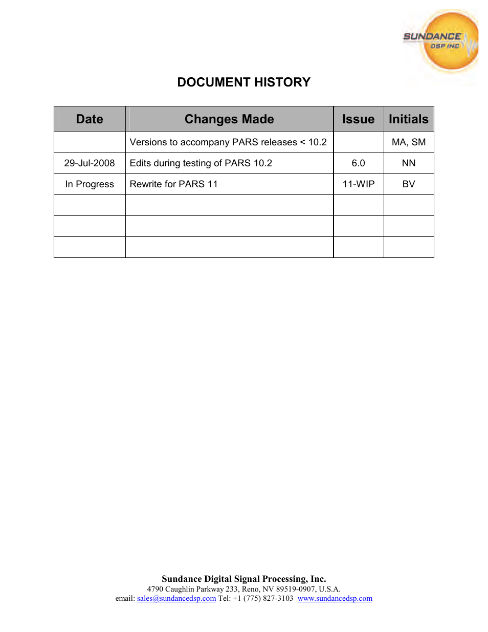 Document history, Date changes made issue initials | Sundance PARS User Manual | Page 3 / 70