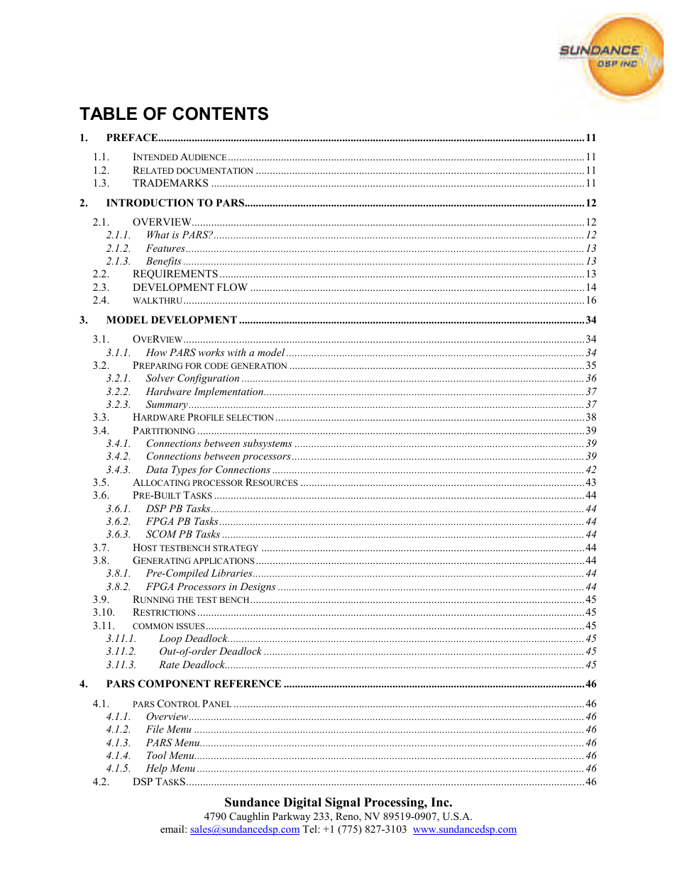 Sundance PARS User Manual | Page 5 / 70