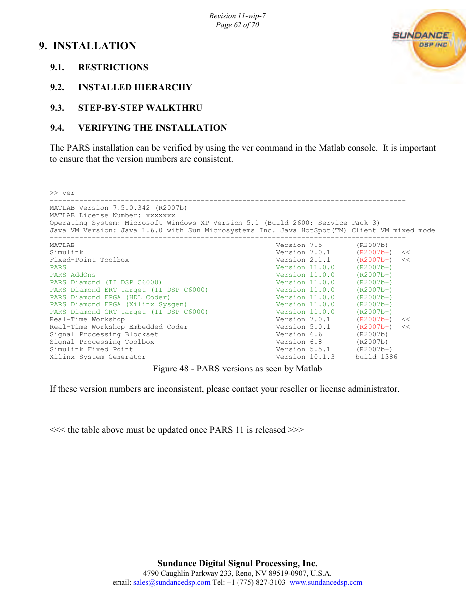 Installation | Sundance PARS User Manual | Page 62 / 70