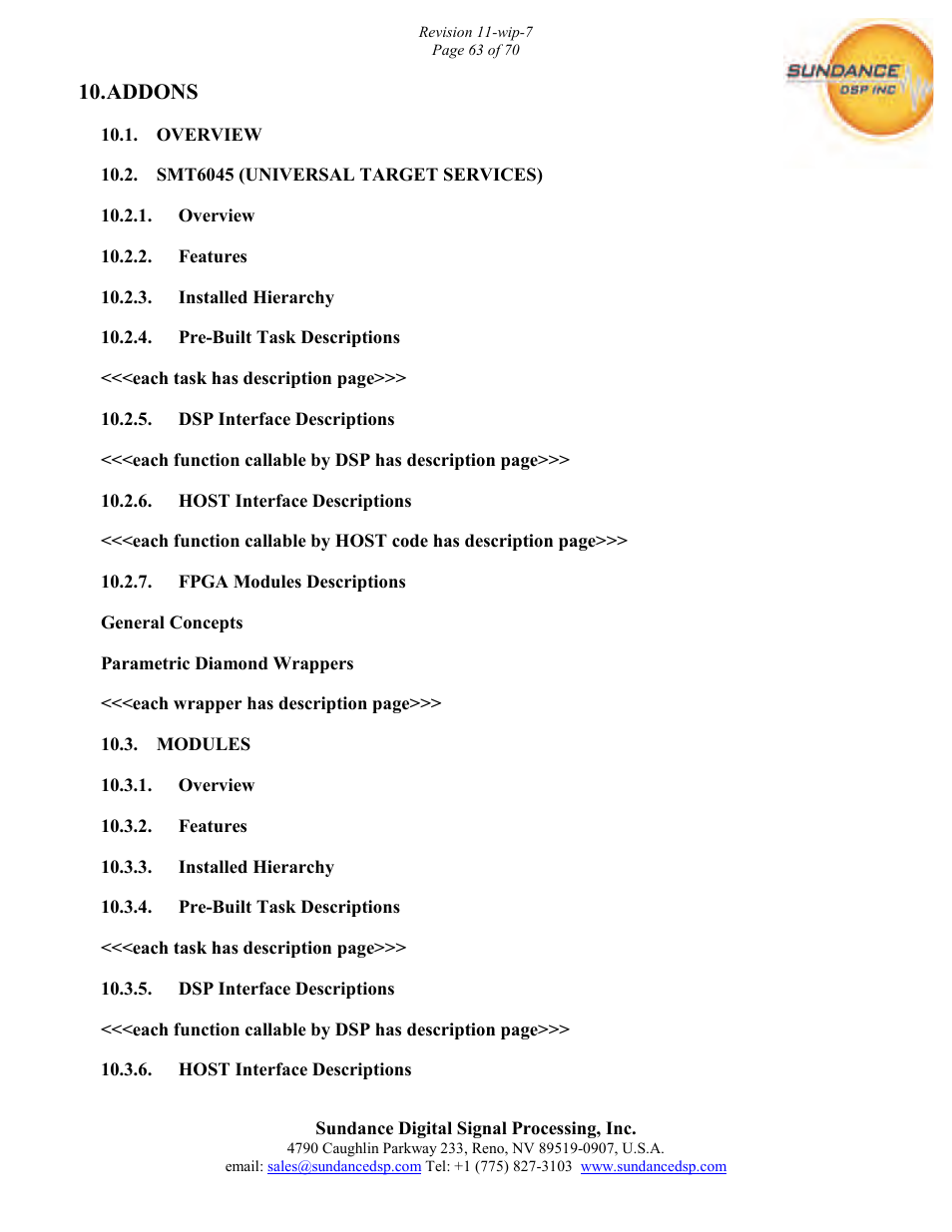 Addons | Sundance PARS User Manual | Page 63 / 70