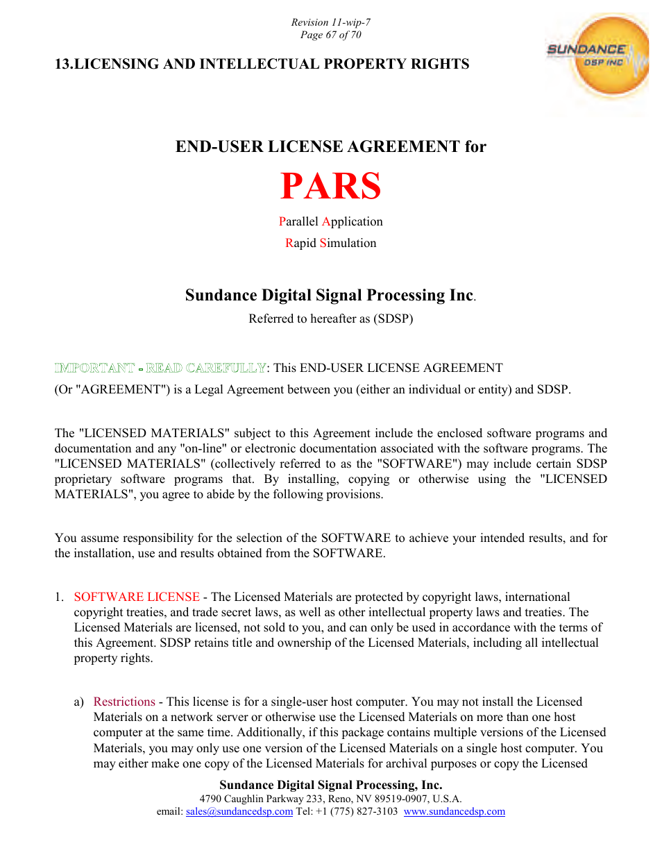 Pars, End-user license agreement for, Sundance digital signal processing inc | Sundance PARS User Manual | Page 67 / 70