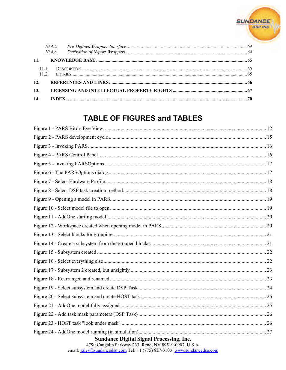 Table of figures and tables | Sundance PARS User Manual | Page 9 / 70
