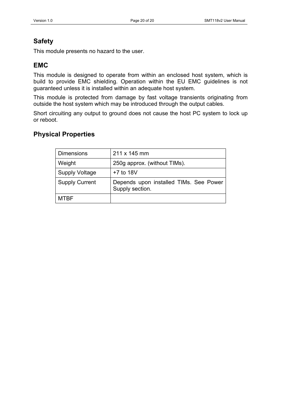 Safety, Physical properties, Safety emc physical properties | Sundance SMT118 User Manual | Page 20 / 20