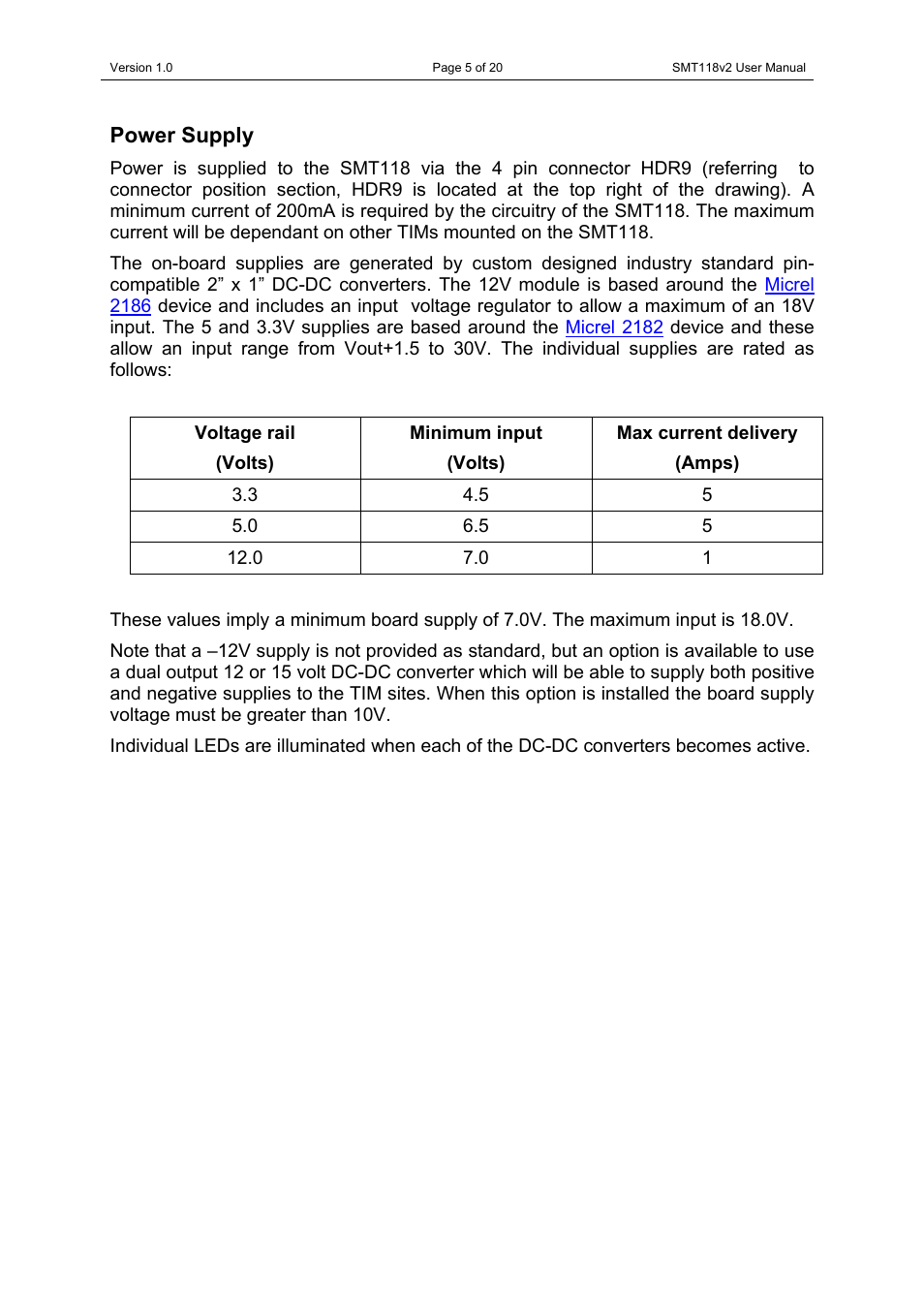Power supply | Sundance SMT118 User Manual | Page 5 / 20