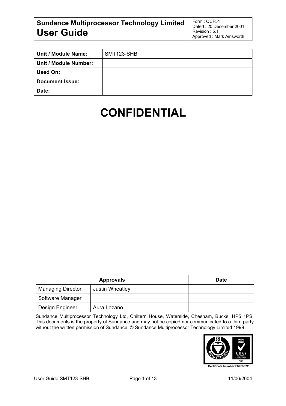 Sundance SMT123-SHB User Manual | 13 pages