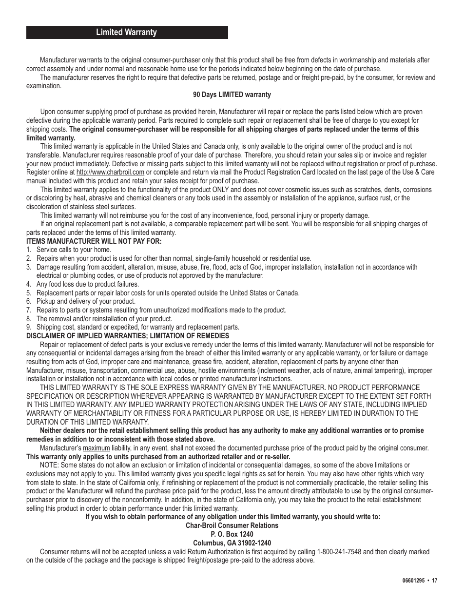 Char-Broil Patio Caddie 06601295 User Manual | Page 17 / 20