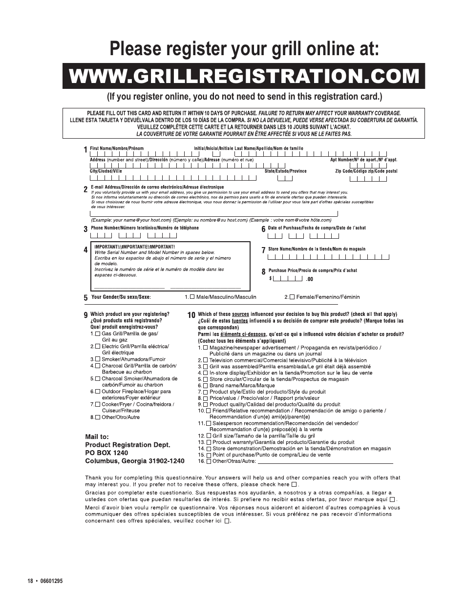 Please register your grill online at | Char-Broil Patio Caddie 06601295 User Manual | Page 18 / 20