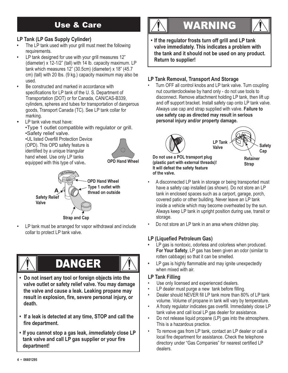 Danger, Warning, Use & care | Char-Broil Patio Caddie 06601295 User Manual | Page 4 / 20