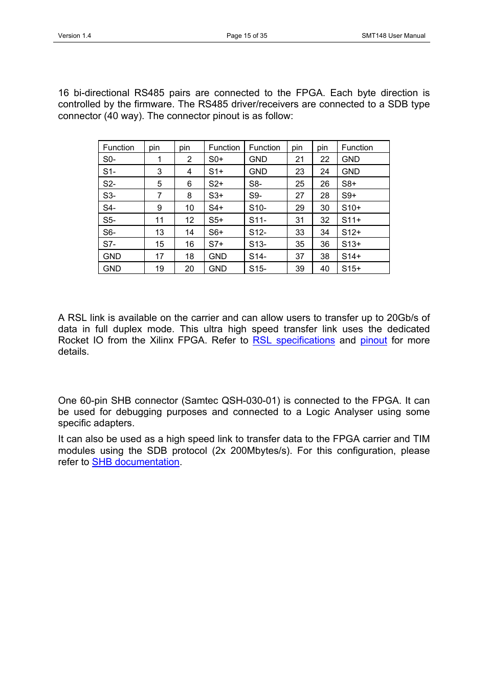 Rs485, Rs485 rsl shb | Sundance SMT148 User Manual | Page 15 / 35
