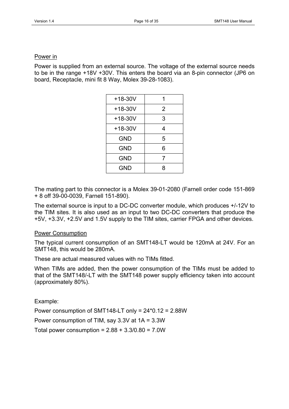 Power supplies, Power in, Power consumption | Power in power consumption | Sundance SMT148 User Manual | Page 16 / 35