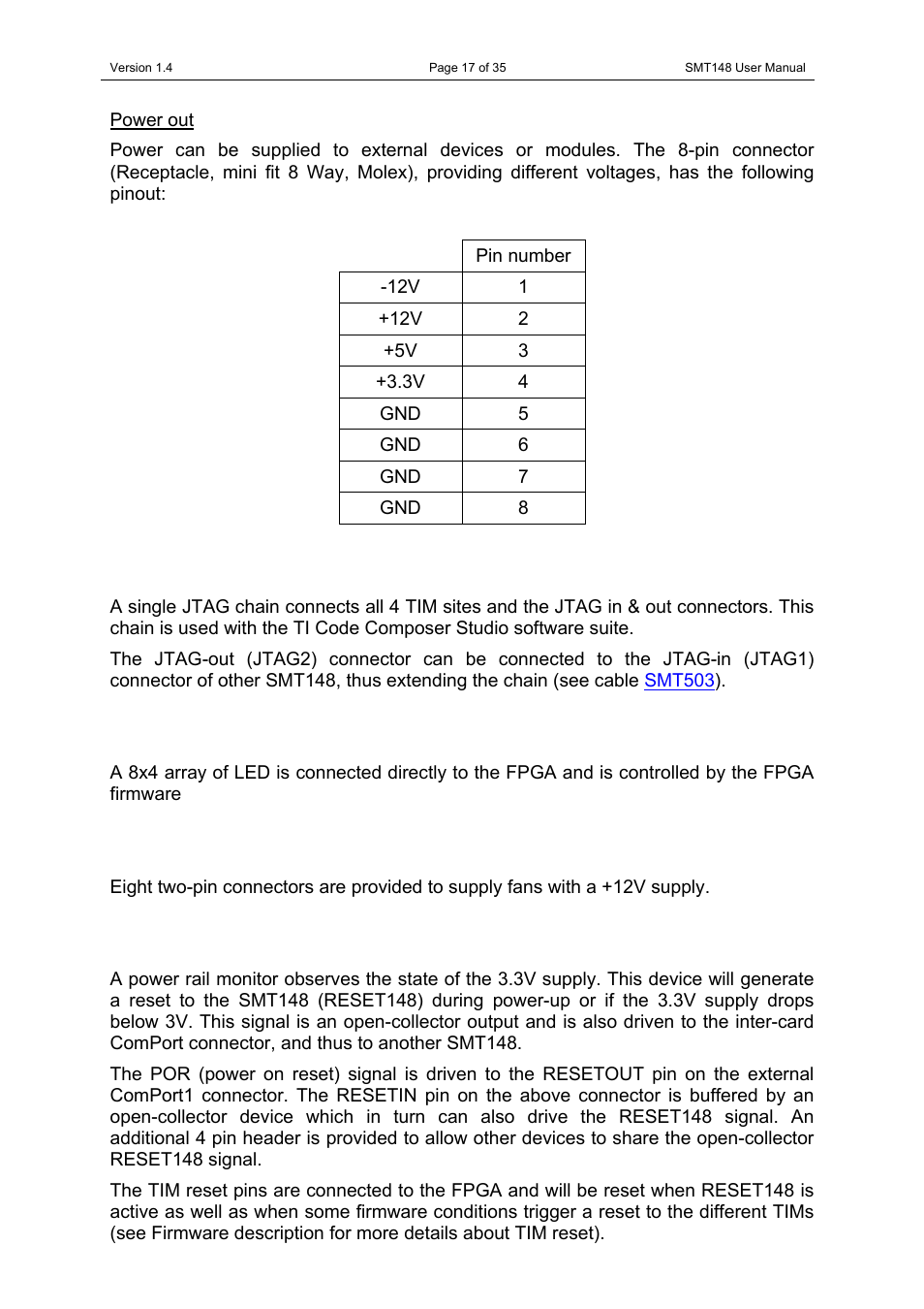 Power out, Jtag, Fan power | Reset scheme, Jtag led fan power reset scheme | Sundance SMT148 User Manual | Page 17 / 35